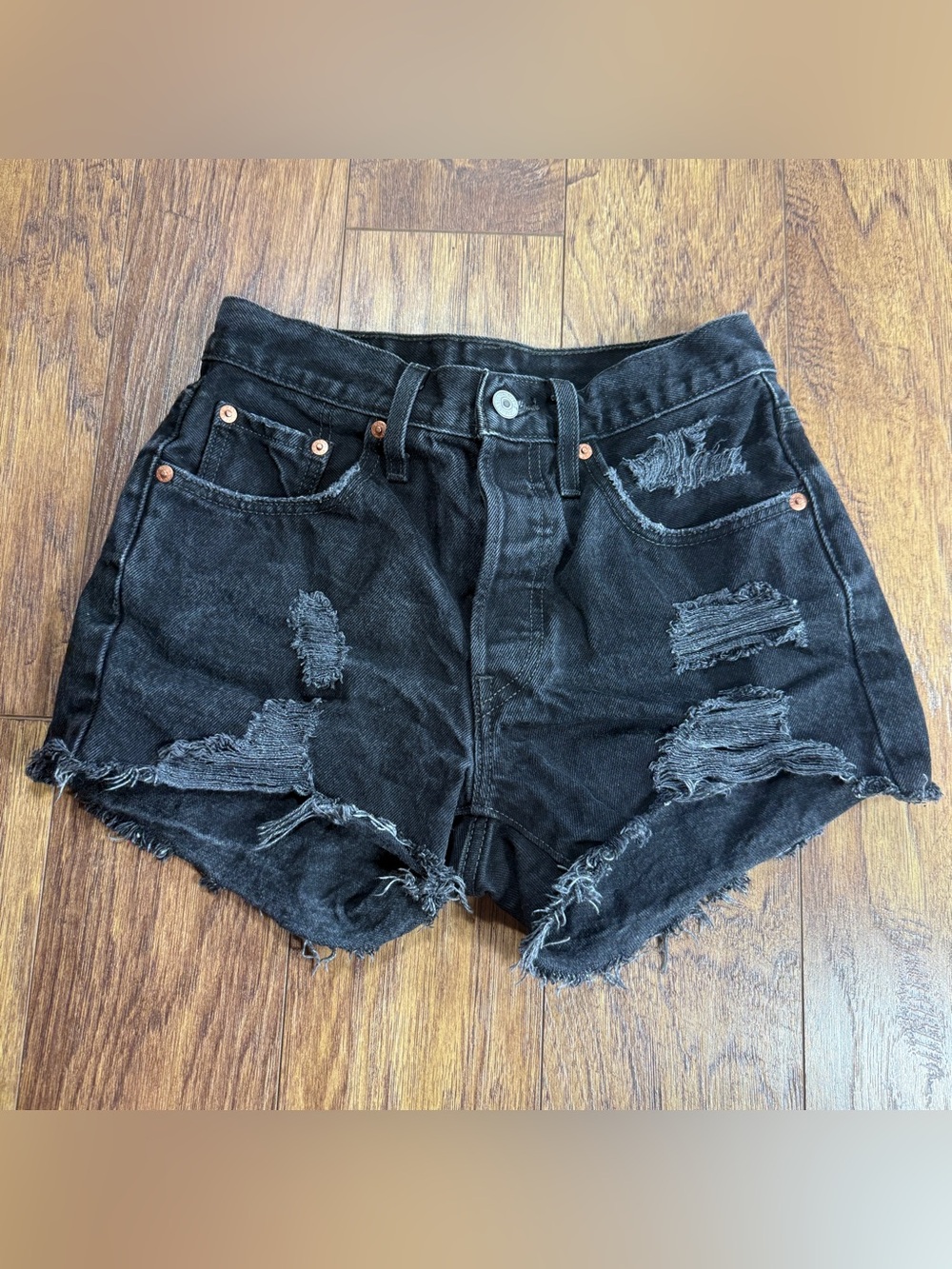 Levi’s Premium 501 Black Distressed Cut Off Denim Shorts High Rise W24 Y2K